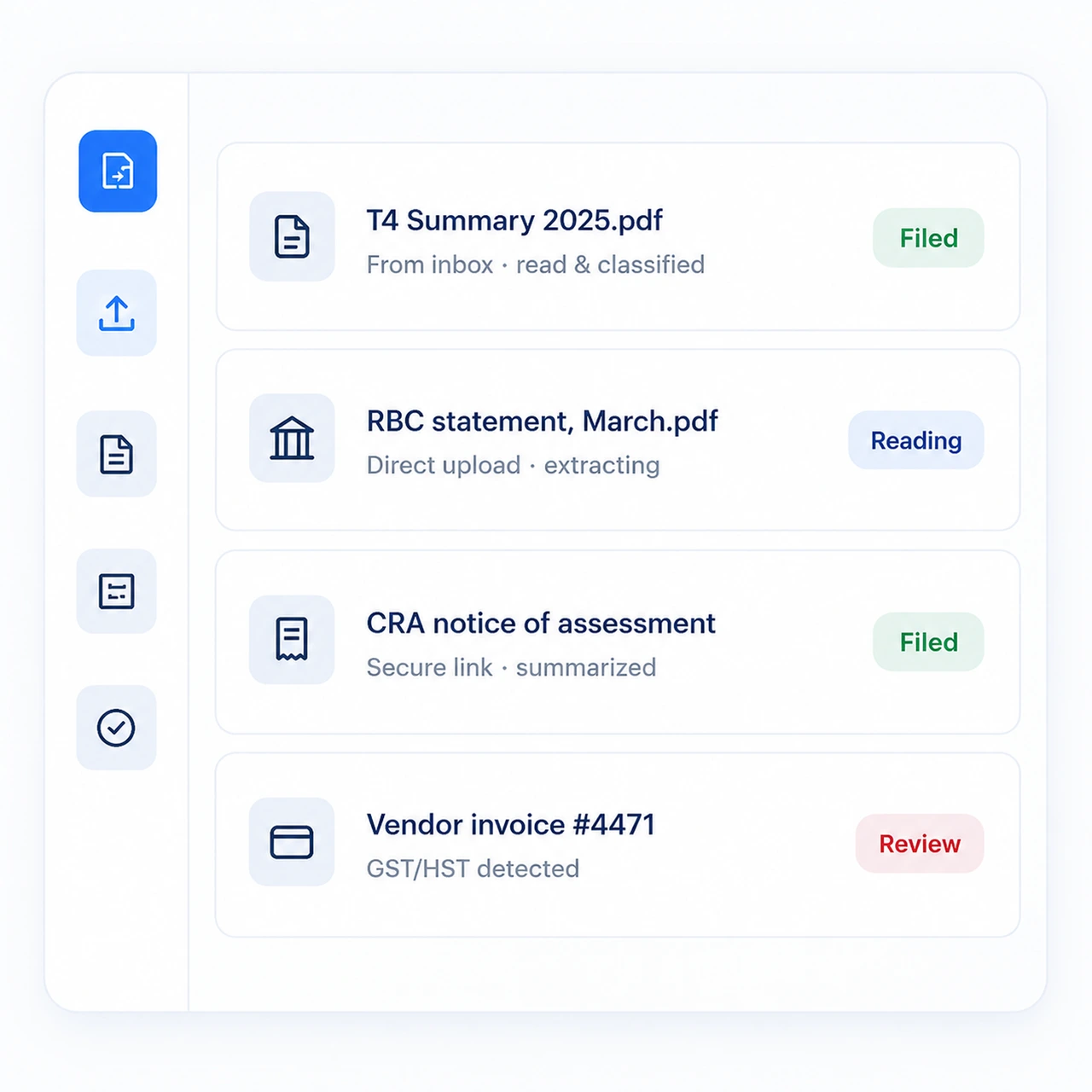DocClever document inbox showing classified Canadian tax documents and review statuses.