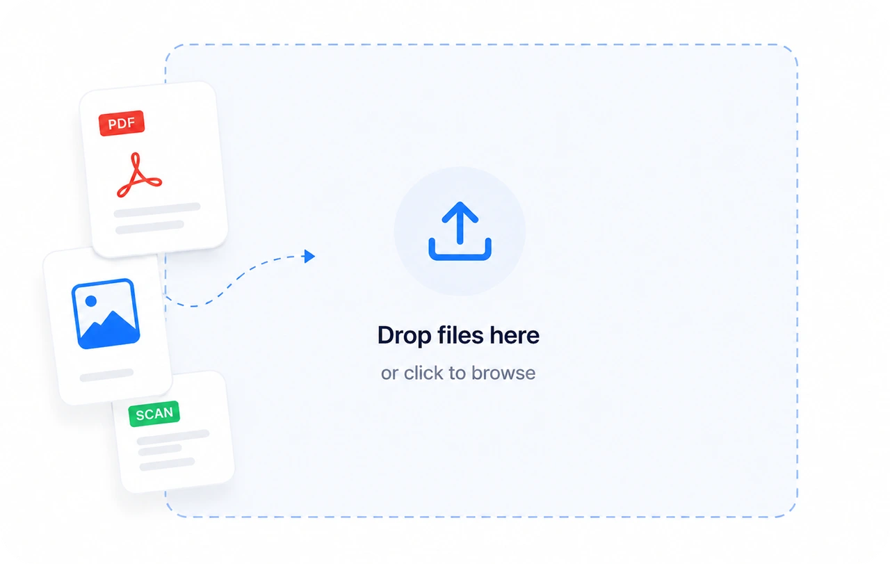 DocClever upload area accepting PDFs, images, and scanned documents.